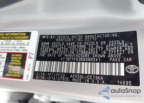 2012 Toyota Camry Se z USA, uszkodzony, nr VIN 4T1BF1FK3CU060241